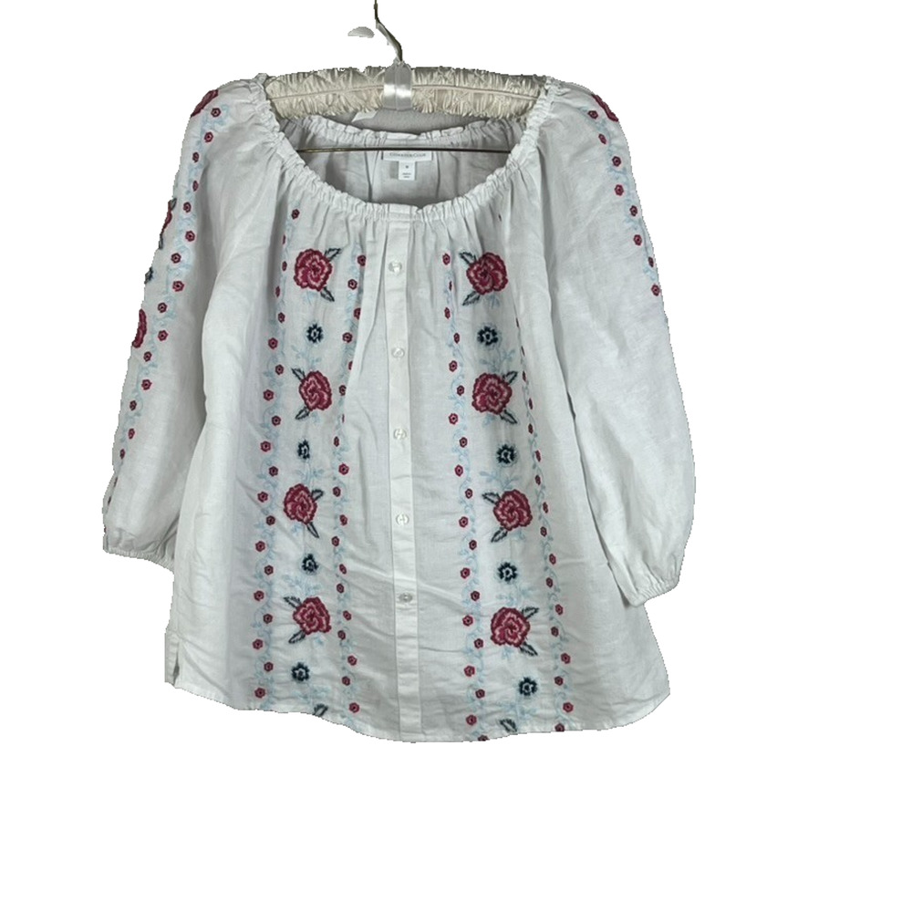 Charter Club Blouse Women's Size M White Sheer Linen Embroidered Roses